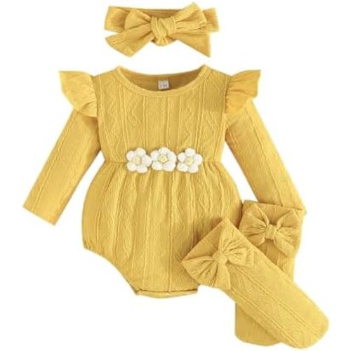 Newborn Infant Baby Girl Cotton Baby Romper Knitted 3d Flower Clothes Long Sleeve Warm Sweater Outfit With Socks