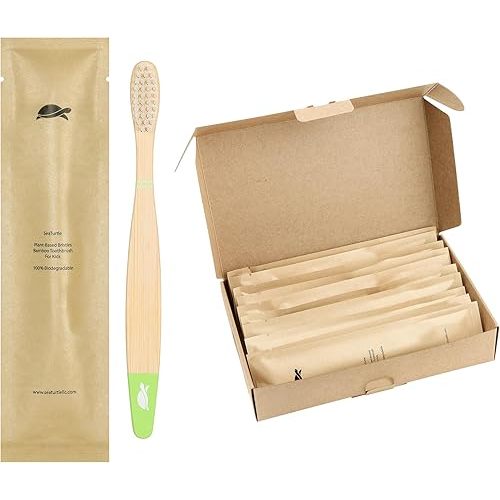 Sea Turtle Plant-Based Bristles, Soft Bamboo Toothbrushes, Individually Sealed for Kids (10 Pack)