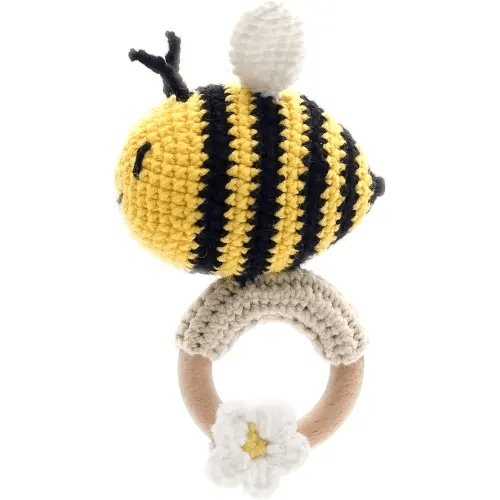 DICHA Crochet Bee Baby Rattle - Sensory Toy for Babies - Ideal for Baby Shower - Includes Beech Teething Ring