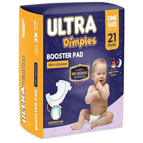 Dimples Booster Pads, Baby Diaper Doubler Inserts with Adhesive - 1 Size Fits All Diapers - Boosts Absorbency - No More leaks for Overnight, Travel, Nighttime or Anytime 21 Count