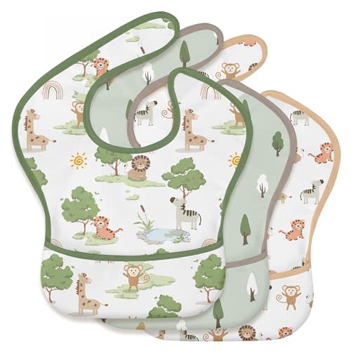 3 Pack Waterproof Baby Bibs for Eating, Mess Proof Feeding Bib | Lightweight & Wipeable Toddler Food Bibs, Large Catch-All Pocket, Food-Grade Baby Eating Essentials Gifts, Jungle Animals