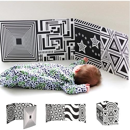 My Little Learner - Supersized High Contrast Baby Sensory Fold-Out Board for 0 6 Months - Newborn Sensory Toys - Black and White Baby Book - Thick Stand Up Sensory Cards - Black and White Baby Toys