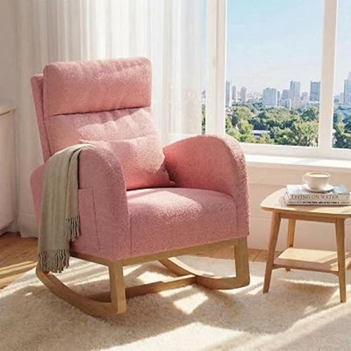Modern Nursery Rocking Chair, Upholstered Glider Rocking Chair for Living Room, Comfortable Rocker Recliner with Side Pocket, Rocker Glider for Bedroom, Nursing Room