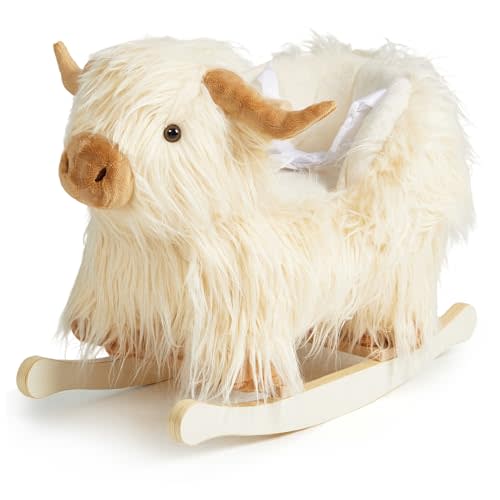 Baby Rocking Horse,Highlander Cattle Rocking Toy for 1+ Year Old Boys and Girls Rocking Horse for Kids Room Nursery Birthday Party Shower Gift Wood Animal Rocker French Design 3-Side Seat PP Cotton