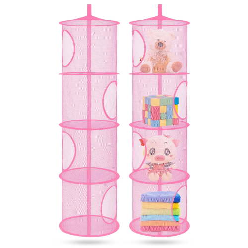 Stuffed Animal Storage Mesh Hanging Storage Space Saver Bags Organizer,Foldable Storage Organizer 4 Compartments Toy Storage Basket for Kids Room Bathroom 2 Sets PINK