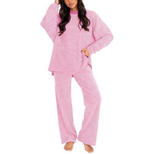 Women's 2 Piece Striped Lounge Set Wide Leg Pants Matching Pajamas Set