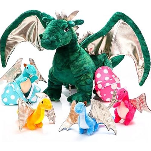 Deekin 7 Pcs Dragon Toy Set 16 Inch Large Dragon Stuffed Animal with 4 Baby Plush and 2 Eggs in Mommy's Belly Dinosaur Plushies Gifts for Boys Girls Birthday(Cute Style)