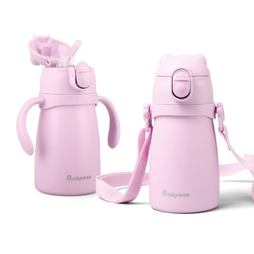 Bakpoco Stainless Steel Straw Sippy Cup for Toddlers 1-3 Years Old, Insulated Toddler Water Bottle Baby Training Tumbler with Handles & Strap, 9oz Kids Straw Cups for Travel Daycare, Pink Bear 1-Pack