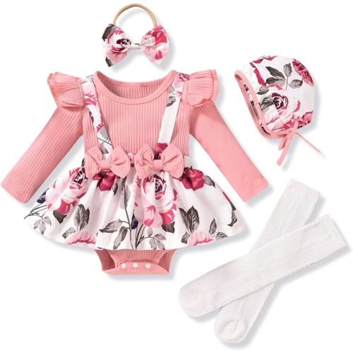 Unutiylo Preemie Newborn Baby Girl Clothes Romper Suspender Dress Fall Winter Outfits Ruffle Long Sleeve Jumpsuit