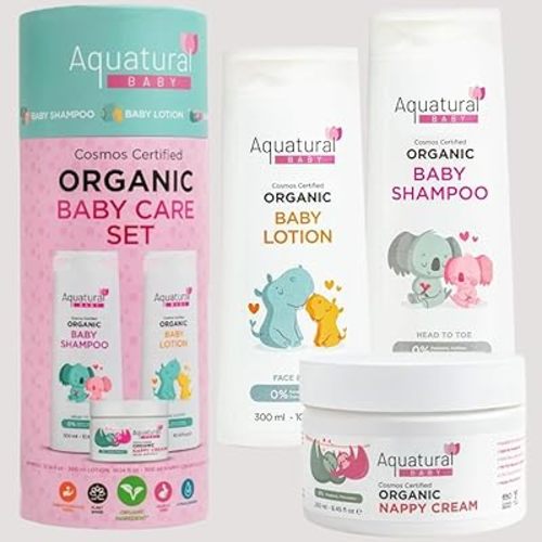 Organic Baby Essentials Bath Care Set - Certified Organic Baby Shampoo, Lotion & Nappy Cream - Dermatologist Tested, Newborn Safe, Gentle & Nourishing