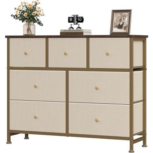 OLIXIS 7 Drawer Closet Organizer, Storage Tower with Sturdy Steel Frame | Dresser for Bedroom, Wooden Top & Easy Pull Fabric Bins, Clothes Organization, Living Room Entryway, Light Green