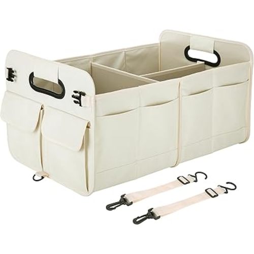 Trunk Organizer For Suv & Sedan,Car Organizers and Storage, Waterproof Collapsible & Adjustable Straps,75L Sturdy Car Organization for Car Accessories, Tools,Sundries,2-3 Compartment(Beige)