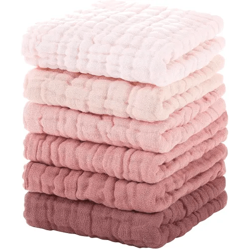 Unnivoll Muslin Burp Cloths Baby 12''X12'',Baby Washcloths 6 Pack, 100% Cotton Baby Wash Cloths Absorbent and Soft for Newborn Infants Kids Boys Girls Pink