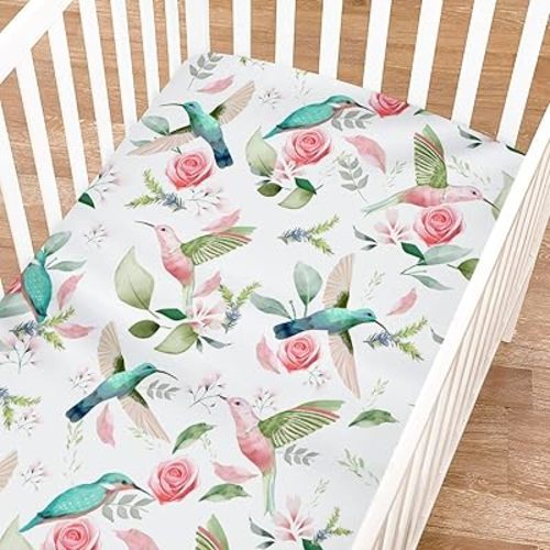 Watercolor Hummingbird Greenery Floral Baby Crib Sheet for Boy Girl 52"x28" Spring Birds Boho Flowers Leaves Soft Crib Mattress Cover Breathable Nursery Bed Sheet for Standard Crib Toddler Mattress