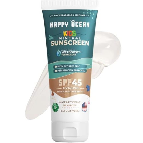 Happy Ocean Kids Mineral Sunscreen SPF 45 – Reef Safe, Non-Toxic Sunscreen for Kids, Non-Greasy Zinc Oxide, Travel Size, Water Resistant, Face & Body
