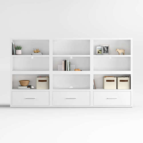 Ever Simple 108" Set of 3 Modular White Wood Kids Open Bookcases with Drawers