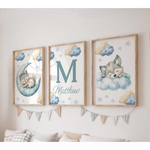 Custom Baby Wolf Prints, Set of 3 Moon Nursery Wall Art, Boho Stars, Baby Boy Nursery Decor, Watercolor Clouds, Personalized Name Sign