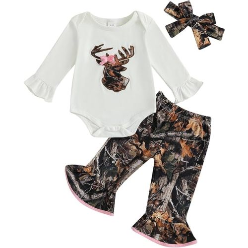Newborn Baby Girl Hunting Clothes Deer Long Sleeve Romper Jungle Camo Flare Pants Set 3 Piece Fall Winter Outfit
