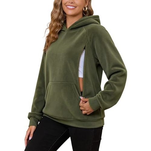 Bhome Nursing Tops for Breastfeeding with Hidden Zippers Fleece Hooded Breast Pumping Oversized Sweatshirt Kangaroo Pocket