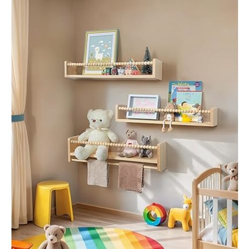 23 Inch Book Shelves, Natural Wood Floating Shelves Wall Mount Bookshelves Hanging Storage Organizer Shelves Boho Decor for Living Room Bedroom Kitchen