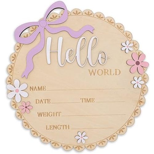 Hello World Wooden Baby Birth Announcement Sign, Pink Floral Newborn Name Date Time Weight Length Board, Baby Girl Nursery Decor Photo Prop Keepsake (Light purple ribbon)