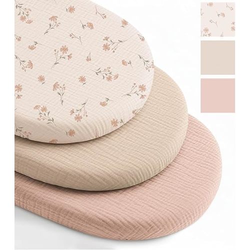 Niceye Muslin Baby Bassinet Sheets 3-Pack 100% Cotton (33" x 15") Sleeper Bassinet Fitted Sheets for Oval & Hourglass Mattresses, Unisex for Baby Girl/Boy（Pink）