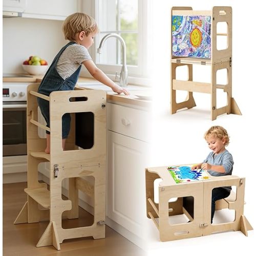 labebe Toddler Standing Tower for 12M+, Montessori Foldable Learning Standing Tower with Blackboard, Anti-tip Structure Design,Wooden Kitchen Step Helper Stool for 1-3 Year Old Boy Girl Gift