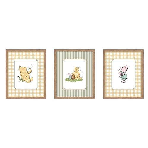 Poster Master 3-Piece Classic Characters Print - Winnie Pooh & Friends Poster - Nursery Art - Winnie Pooh Nursery Decor - Cute Aesthetic Kids Room & Playroom Wall Prints - 11x14 Beige Framed