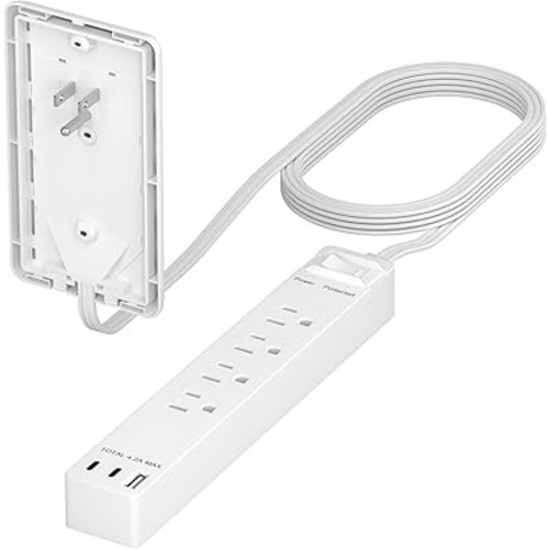 LIDER Surge Protected Outlet Extender, 4-Outlet Power Strip, 21W USB Type-A, and 2 USB Type-C Port, Ultra-Thin Wall Plate Plug with Cord Extender, Flat-Face, Slim Design, 5ft Cord, 720 Joules, White