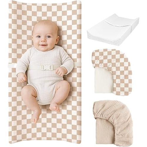 Konssy Muslin Changing Pad with Waterproof Lining Foam, Includes 2 Pack Soft & Cotton Cover, Baby Diaper Changing Pad for Dresser or Table, 32x16 inches (Coffee Check, Cream)