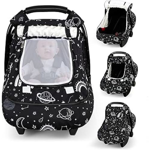 Winter Car Seat Cover Baby with Sunshade & Dual Zipper Windows - Minky Bubble Lined Windproof Soft Shell, Warm Newborn Car Seat Canopy Covers, Elastic Bottom for Stroller & Infant Car Seat, Space