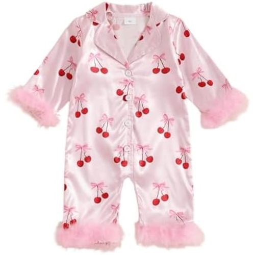Baby Girl Satin Pajamas Bow Print Silk Romper Pjs Long Sleeve Feather Trim Button Down One-Piece Sleepwear Jumpsuit