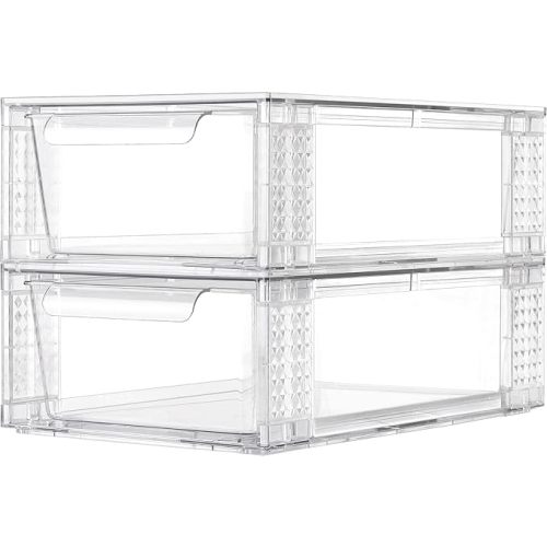 2 Pack Clear Stackable Storage Drawers, 3.95" H Easily Assemble Acrylic Organizer Bins - Multi-Use for Make up, Closet, Pantry, Bathroom, Medicine, Kitchen Cabinet & Undersink Organization