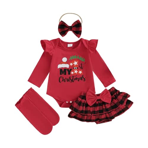 My First Baby Girl Christmas Outfit Long Sleeve Romper Plaid Skirt Shorts Headband Sets Newborn Christmas Clothes