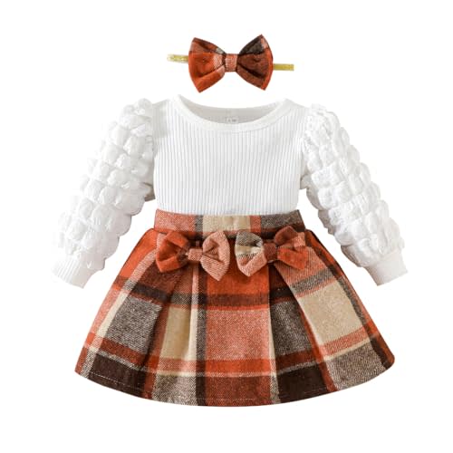 Toddler Baby Girl Plaid Dress Puff Sleeve Bow Patchwork Ribbed Shirts Dress Plaid Fall Winter Outfits with Headband