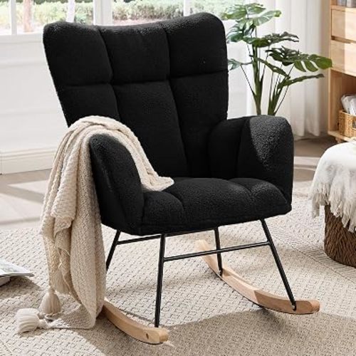 Nursery Rocking Chair, Teddy Upholstered Glider Chair with High Backrest, Tufted Rocker Glider Chair with Thick Cushion, Cozy Rocking Armchair, Rocker Padded Seat for Bedroom (Black)
