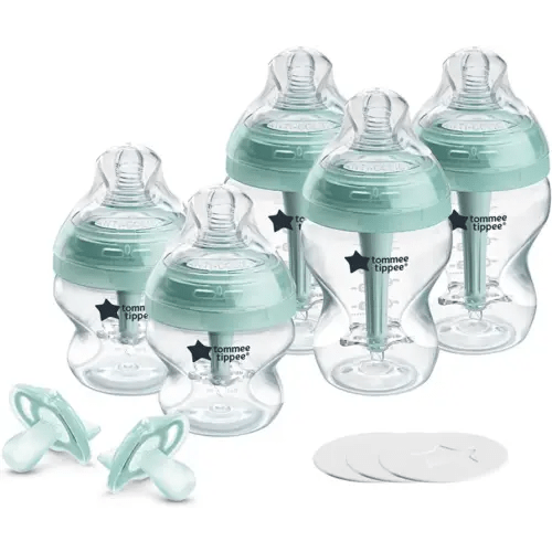 Tommee Tippee Advanced Anti-Colic 10 Piece Bottle and Pacifier Set, 5 and 9 oz BPA Free Bottles, Newborn 0+ months, Slow & Medium-Flow Breast-Like Nipples, 3 Travel Bottle Lids, 2 Ultralight Pacifiers