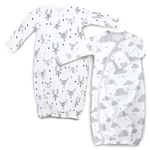 Cambria Baby 100% Organic Kimono Gowns. Side Snaps with Built in Mitts. (0-6 Months, Roses and Feathers)
