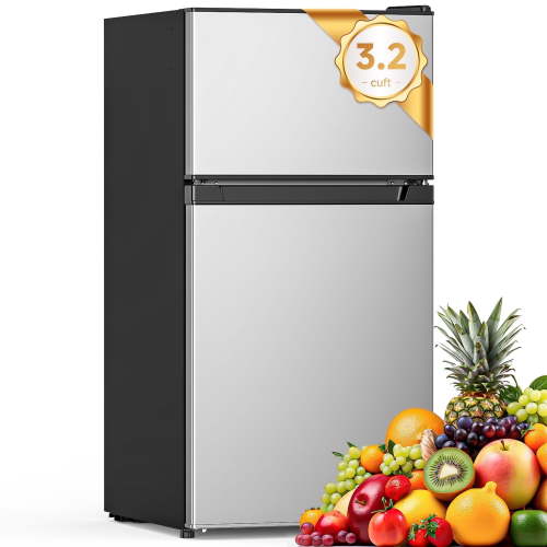 Aootek 3.2 Cu.ft Two Door Mini Fridge with Freezer Energy-Saving Compact Refrigerator for Apartment,Bedroom,Kitchens, Offices, Dormitories Silver