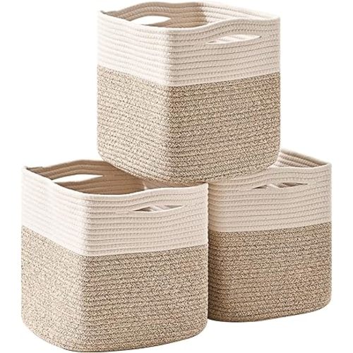 ICERZCZ 13 Inch Cube Closet Storage Bins, Woven Cotton Rope Organizer Baskets for Organizing & Shelves, Books, Towels, Clothes, Toys, 13x13x13 in, Off White & Brown (Pack of 3)