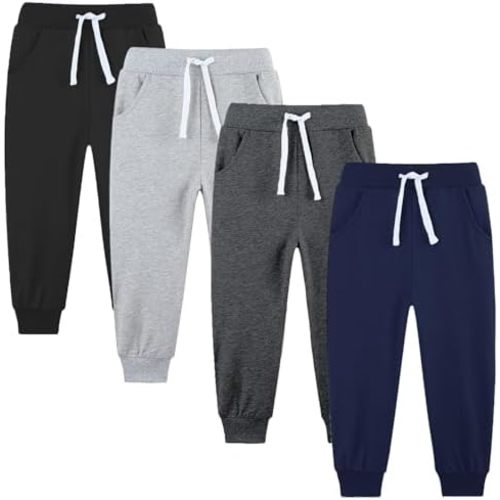 4 Pack Toddler and Kids Boys Sweatpants Joggers Cotton Active Soft Joggers Pants with Functional Drawstring 2-14Y