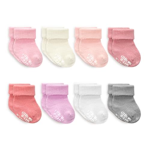 Little Me Baby Socks 16 Pairs | 61% Organic Cotton | Sizes 0-12M & 12-24M | Seamless Toe & Anti-Slip Gripper Sole