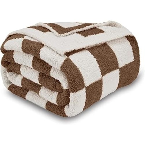 CozeCube Super Soft Fullfy Microfiber Reversible Knitted Blankets, Warm Cozy Fuzzy Plush Throw, Dark Brown and White Checkered Throw Blanket for Couch Bed Sofa, 60" x 80"