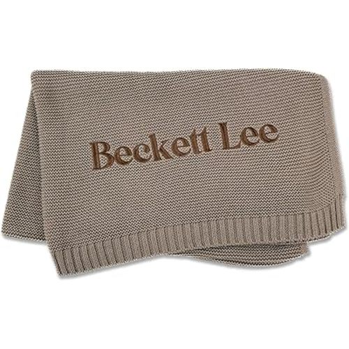Hickory Hollow Designs Name Blankets Personalized Baby, Embroidered Baby Blanket, 100% Cotton, Tan Throw Blanket, Monogrammed Baby Gifts, Custom Name Blanket for Boys, (Taupe)