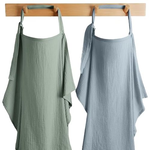 Comfy Cubs Muslin Nursing Cover Pack of 2, 100% Cotton Muslin Breastfeeding Cover for Moms, Soft & Breathable Baby Nursing Scarf, Adjustable Neck Strap - Privacy Coverage - Fern and Pacific Blue