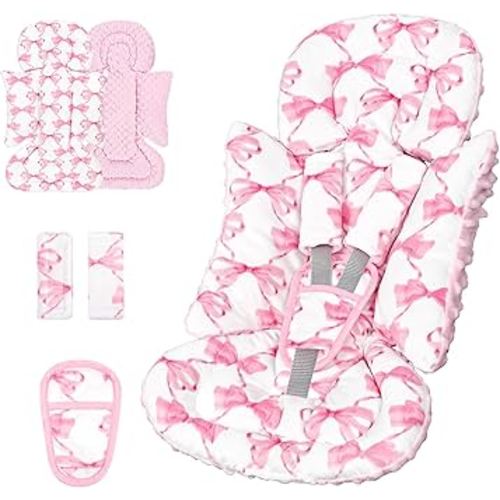 Infant Car Seat Insert, Soft Baby Car Seat Head & Body Support for Girl Boy, Reversible Newborn Preemie Carseat Insert Cushion with 3 Straps Pads, Fits Car Seat, Stroller, Swing, Bouncer, Pink Bow