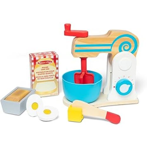 Melissa & Doug Make-a-Cake, 10-Piece Wooden Mixer Set with Play Food & Play Kitchen Accessories, Preschool Toys for Girls & Boys Ages 3+ - FSC Certified