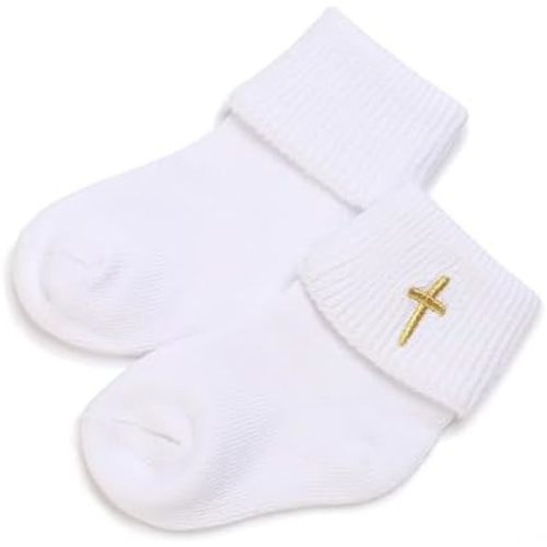 Newborn Baptism Socks,White Cotton Turn-Cuff Christening Ankle Crew Socks with Cross for Baby Boys & Girls