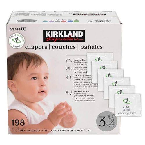 Kirkland Signature Diapers Size 3 (16 lbs - 28 lbs) 198 Count W/ Exclusive Health and Outdoors Wipes - 192 Count (Pack of 1)