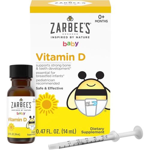 Zarbee's Vitamin D Drops for Infants, 400IU (10mcg) Baby & Toddler Liquid Supplement, Newborn & Up, Dropper Syringe Included, 0.47 Fl Oz